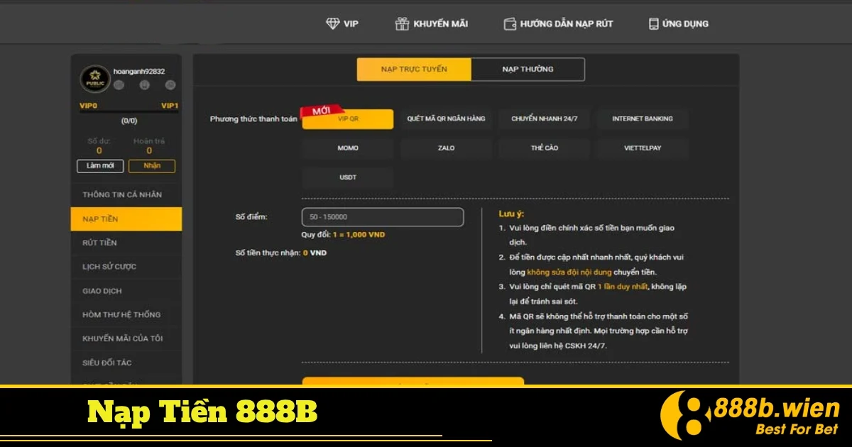 Các phương thức nạp tiền phổ biến và an toàn tại 888B